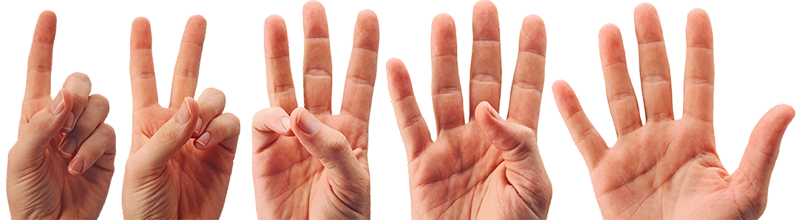 Five hands showing one to five fingers.